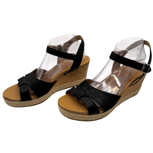 UGG Shoes Women 11 Black Leather Ankle Strap Platform Cloverdale Wedge Sandal - Picture 1 of 12